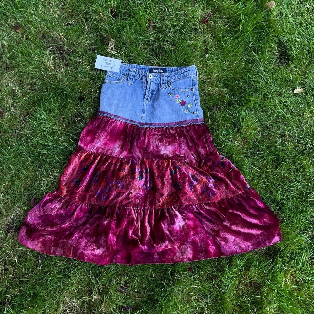 Vintage-Inspired Denim & Burgundy Velvet Tiered Maxi Skirt